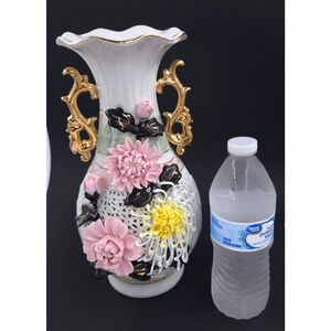 VTG Filigree Capodimonte Spaghetti Floral 3D Porcelain Gold Accent Vase 12"